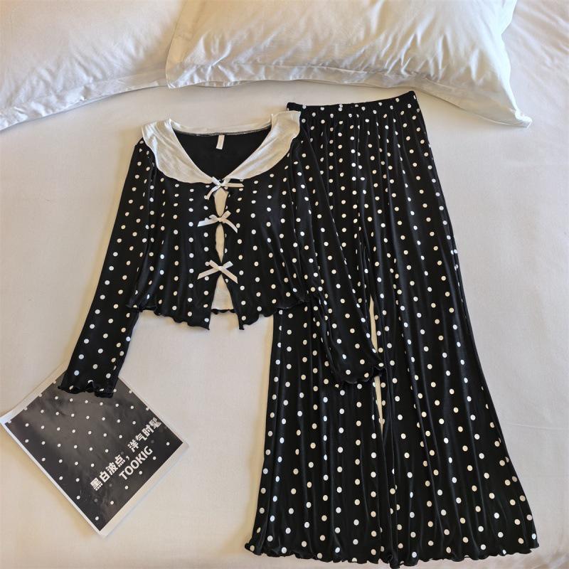 Women's Long Sleeve Pajama Set with Chest Pads - Bowknot Design, Korean Style, Suitable for Spring To Winter.