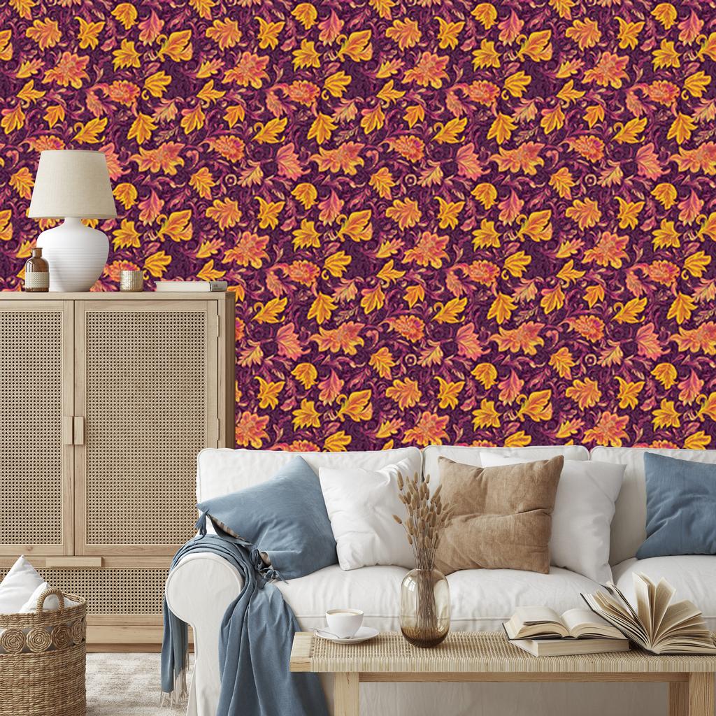Intricate floral pattern wallpaper in burgundy, red and orange 50x1000