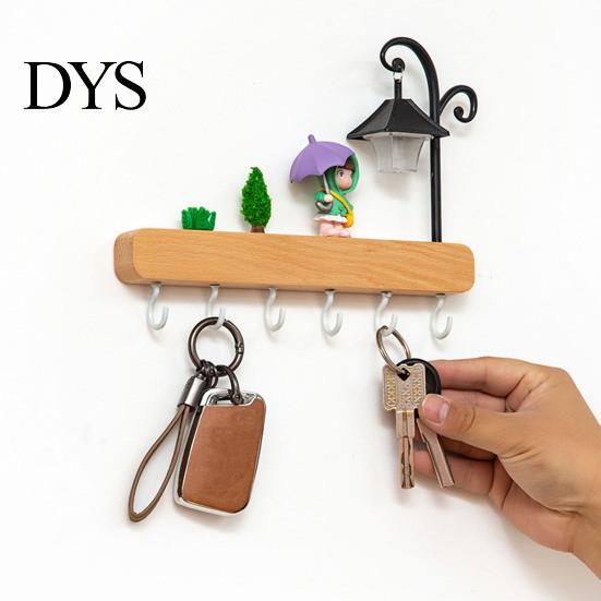 Office Badge Hanging Organizer Key Holder with 6 Hooks, Solid Wood Entryway Rack, Wall Modern Hook for Accessories Mounted Space Saving Keys