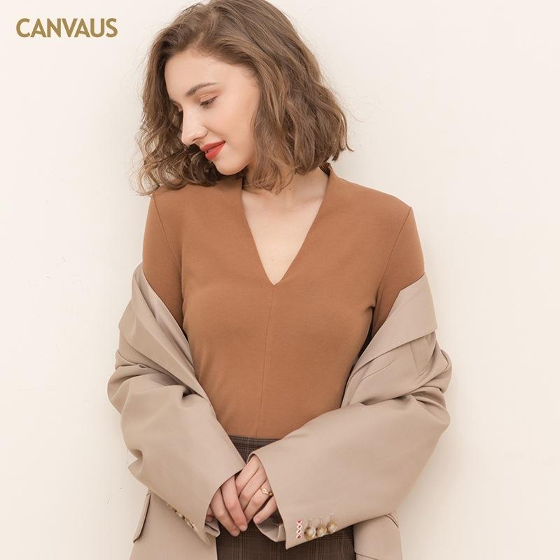 CANVAUS Koszula damska jesień/zima w nowym stylu z dekoltem w serek, długimi rękawami, bawełną, cienkim aksamitem, jednolitym kolorem, dopasowana, prosta, w europejskim stylu