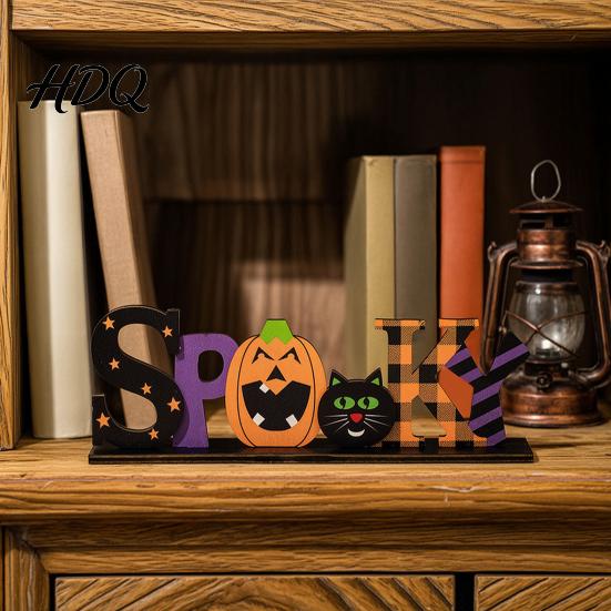 Creative Photography Props Halloween Wooden Table Sign Spooky Wicked Tiered Tray Decor Pumpkin Black Office Desk Festive Ornaments Cat Ghost Design,