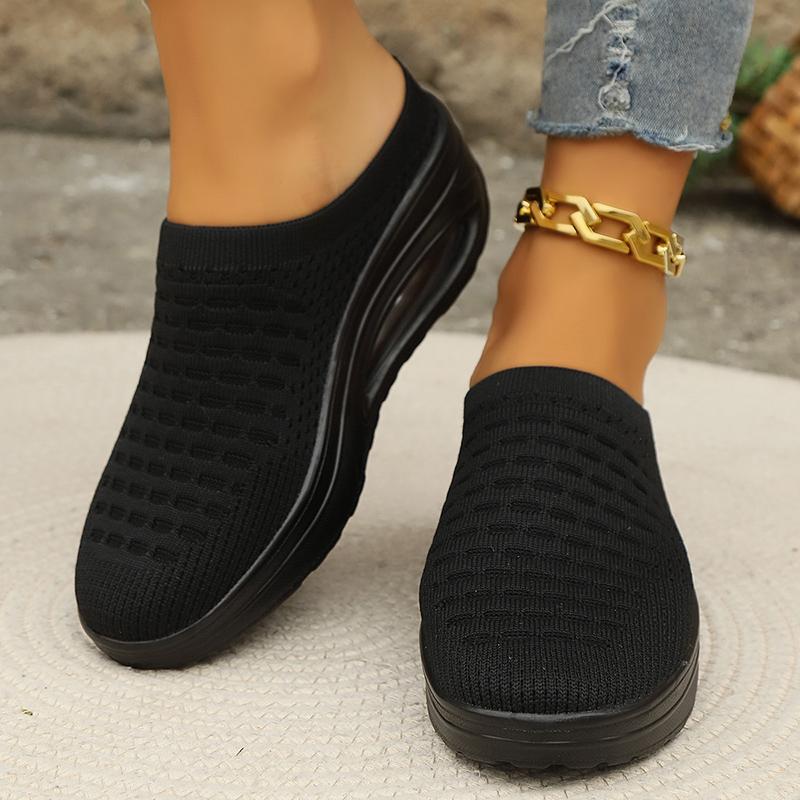 Women's air cushion socks and sports shoes breathable solid color knitted hooded sports shoes casual backless walking shoes