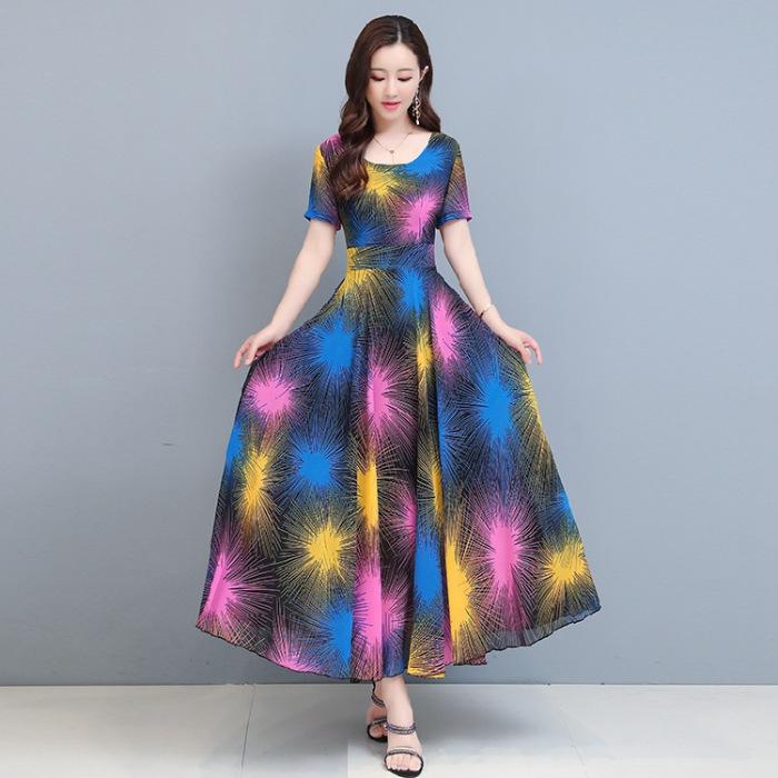 

Summer printed dress women s clothing Korean version medium and long wide too big pendulum U-neck dress length 111 starts M