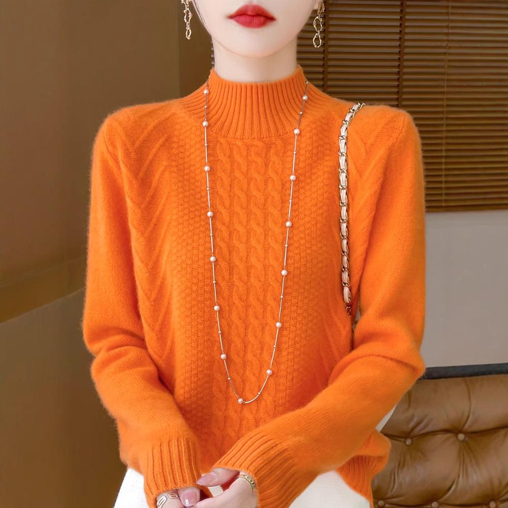 2025 Women's Wool Jacquard Pullover: Cozy Half-High Neck Sweater with Long Sleeves and Age-Reducing Design.