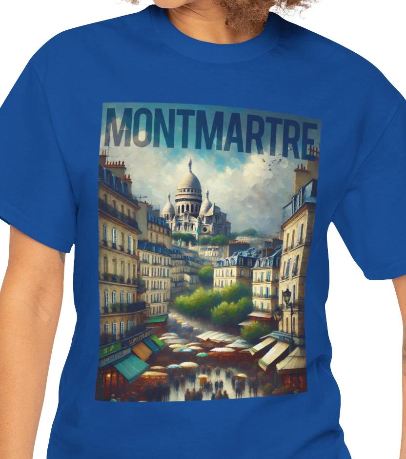 Montmartre Paris Poster Art Tee | Sacre Coeur Street Market T shirt L