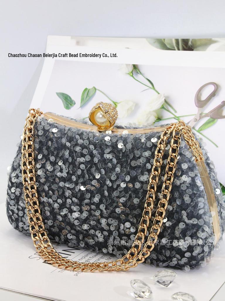 Pearl Sequin Crossbody Bag: Elegant European & American Style, Double Chain, Solid Color, Luxury Shoulder Evening Accessory