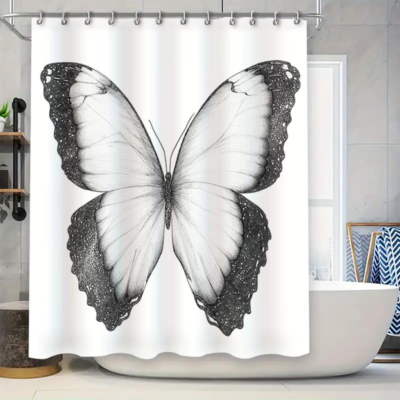 

Botanical Butterfly Shower Curtain Vintage Black White Nature Art Bathroom Decor Set Waterproof Elegant Home Textile W60H190(CM)-1 Pcs