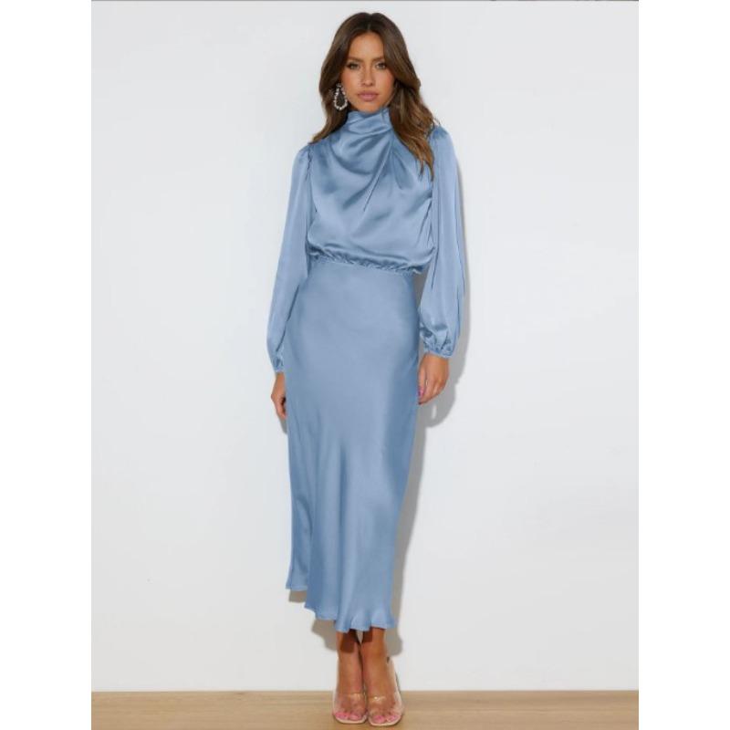 Sommer neues High-End Satin Langarm Promi Temperament Elegantes Damen Abendkleid Kleid