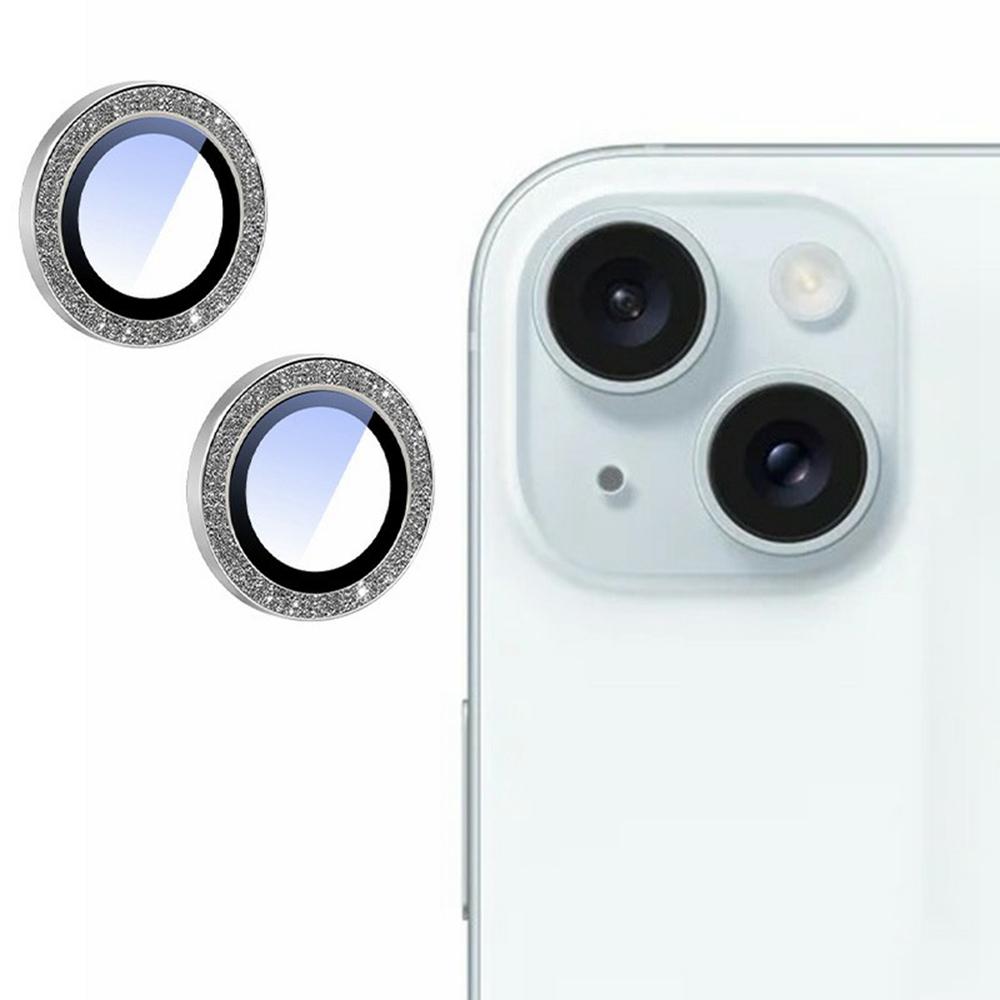 

For iPhone 15/15 Plus Camera Lens Protector Glitter Decor Metal Frame Lens Film with Installation Tool A