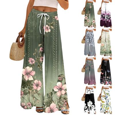 Women's Printed Wide Leg Pants With Pockets High Waist Drawstring Loose Casual Pants
