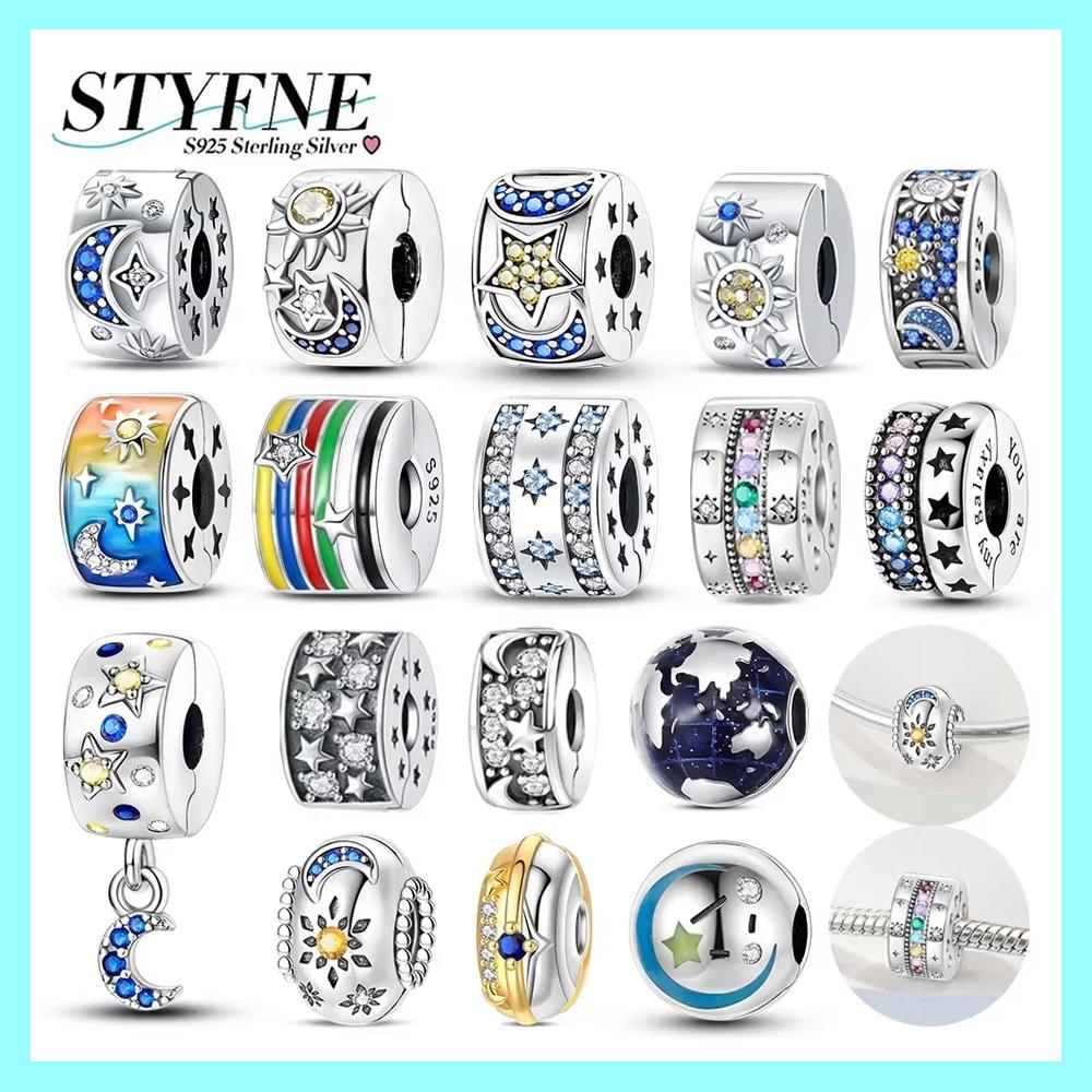 Exquisite Copper Colored Zircon Paving Star Moon Clip Charm Spacer Beads For Women'S Original Bracelet Jewelry Gift