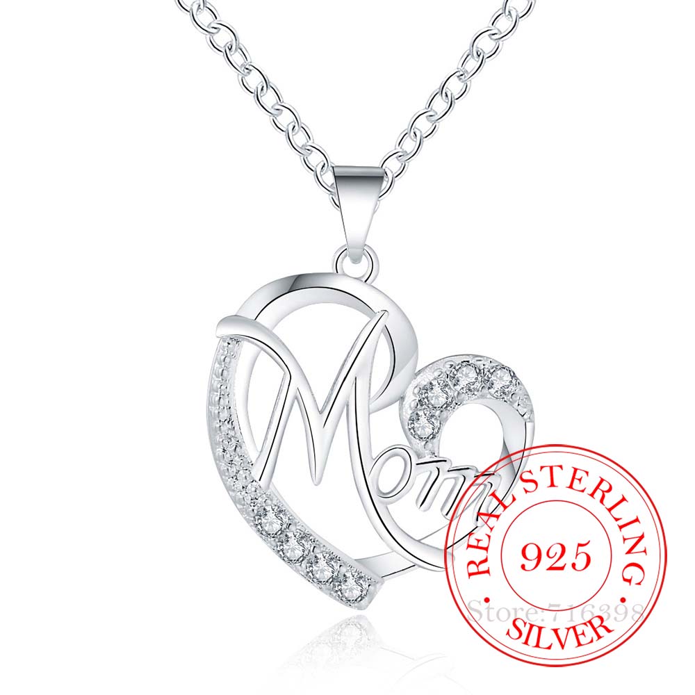 

Письмо Маме 925 пробы стерлингового серебра мода ААА цирконий кристалл шарм Loves Heart ожерелье и кулон для женщин подарок на День матери для мамы 45cm