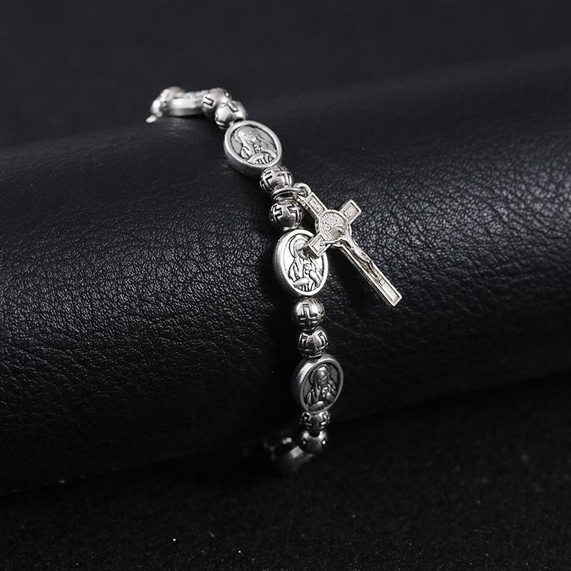 Handmade Rosary Bracelet Elasticated Metal Bracelet  Round Rose Alloy Beads Catholic Saints Images Prayer Bracelets