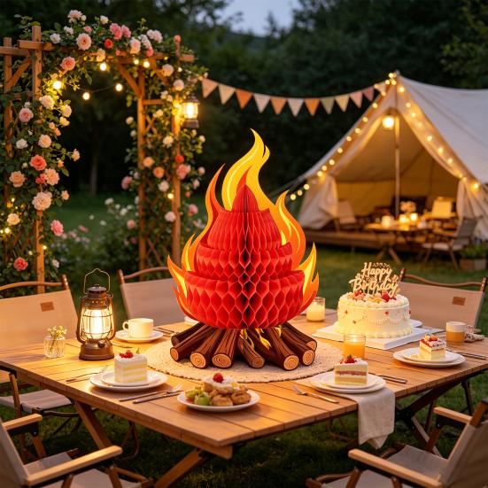 Fake Campfire Decoration 3D Paper Honeycomb Campfire Centerpiece Artificial Flame Folding