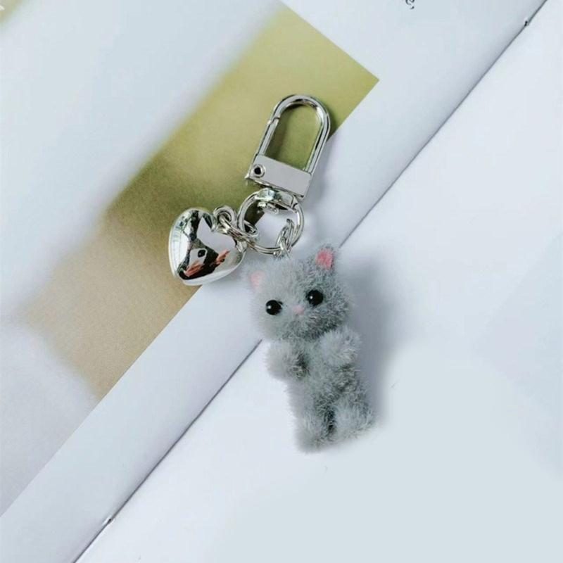 Flocking Cat Heart Keychain Lovely Decorations Keyring Ornament Backpack Handbag Charm Pendant Gift for Girls Women