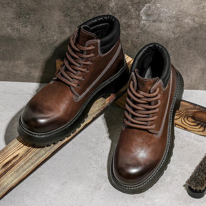 Desai First-Layer Cowhide Martin Boots Retro High-Top Wear-Resistant Leather Boots Thick-Soled Heightening British Style Tooling Boots Men