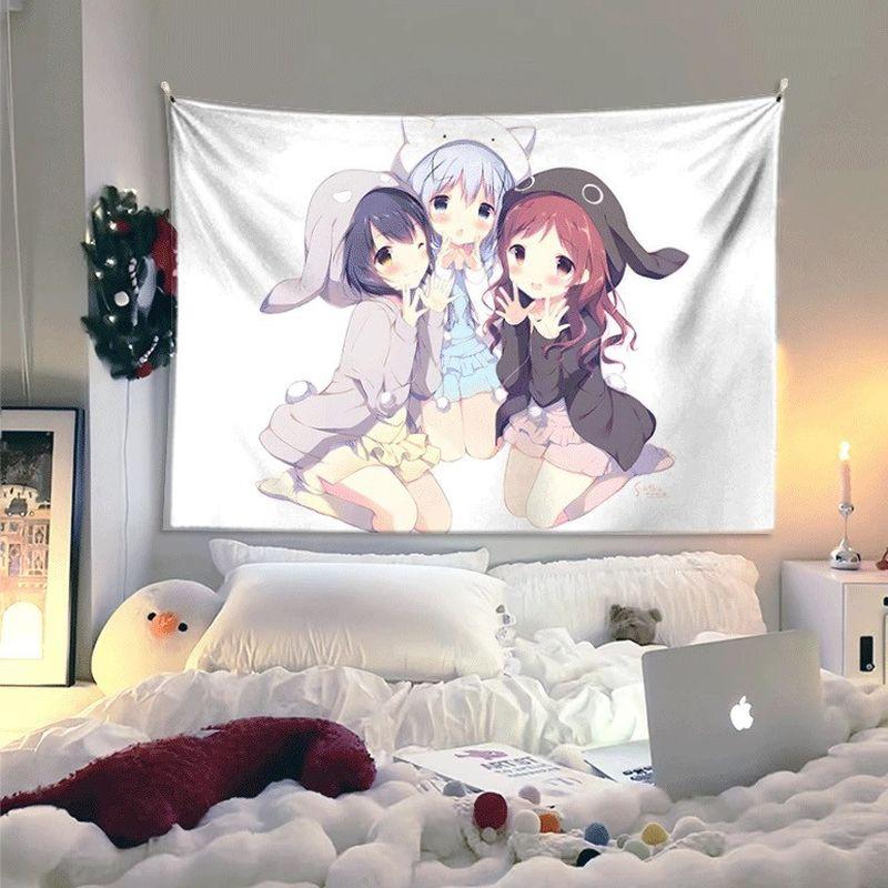 Cute Girl Tapestry Wall Hanging Home Decor for Bedroom Living Room Dorm Three Cute Character Aesthetic Trendy Wall Art