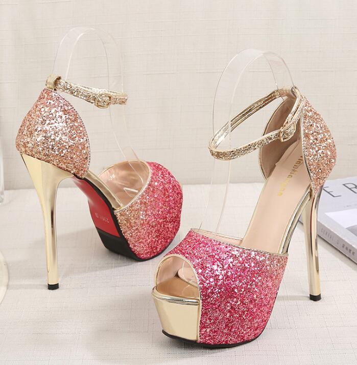Fashion bling bling thin high heels sandals summer women party shoes glitter sequins peep toe cover heel sandales sexy creepers platform