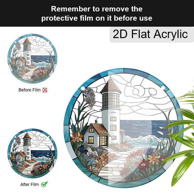 Acrylic Coastal Lighthouse with Ocean and Flowers Suncatcher, Stained Glass Effect Window Hanging Ornament for Nautical & Beach Lover Gifts