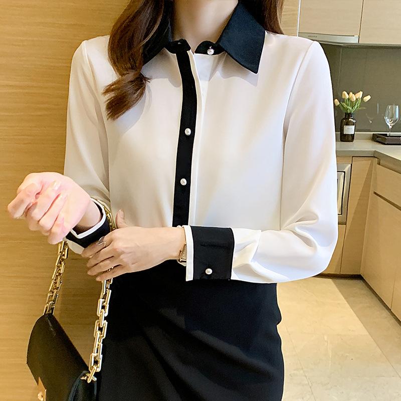 2026 Spring Korean Style Silk Color Block Long Sleeve Women's Fashion Shirt