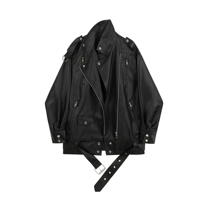 Womens Mid-Length PU Leather Jacket Oversize Biker Style Casual Fall Winter Outerwear