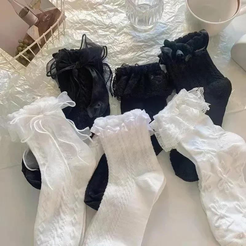 Lace Trim Bowknot Detail Ankle Socks 6 Pairs Thin Summer Middle Calf Socks for Japanese Styles Students Daily Wear