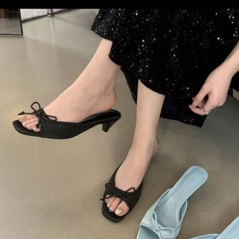 French Style High Heel Sandals 2025 New Summer Korean Version Thick Heel Slip-On Shoes Butterfly Knot Fairy Shoes Women Slides