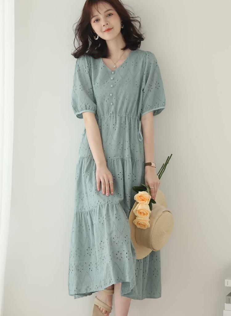 Sueeya Long Dress with Embroidered Short Puff High Stylish Perfect for and Outings in Summer Women's Lace, Sleeves, Ruffles, Sleeves, Waist, Ribbon,