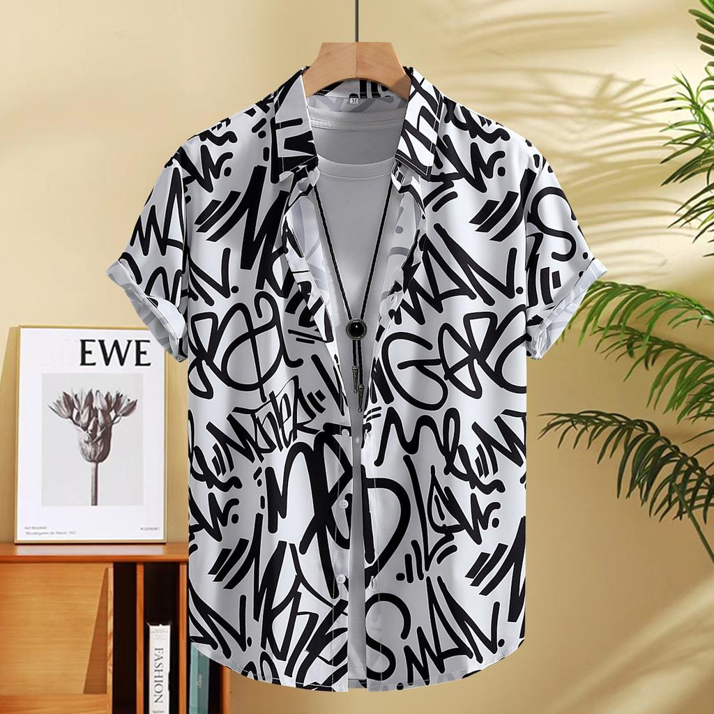 Casual Men's Letter Graffiti Print Short Sleeve Shirt