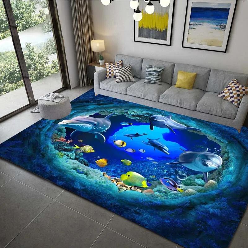 Ocean Dolphin Pattern Carpet Living Room Bathroom Decor Childrens Bedroom Rugs Underwater Marine Life Area Rugs Anti-slip Mats