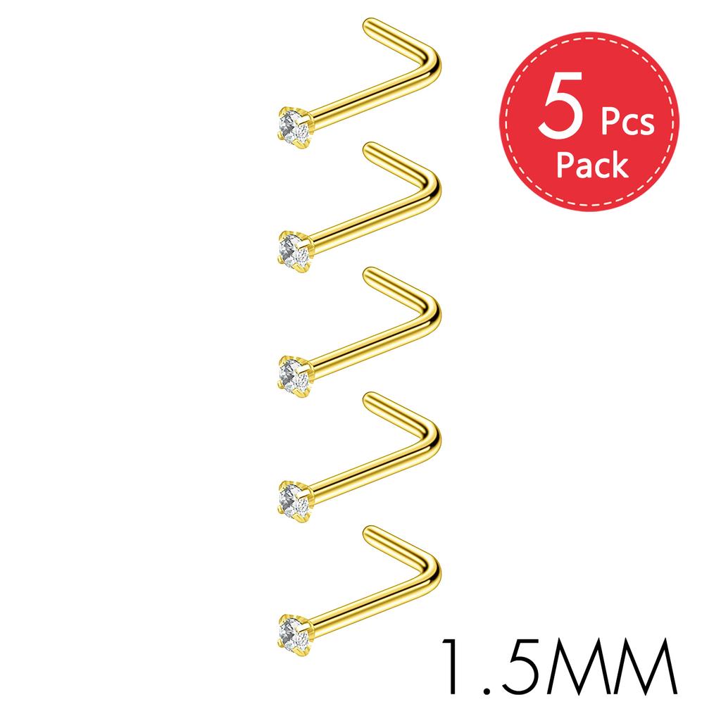 5Pcs CZ Gem Stainless Steel Nose Piercing Stud Crystal Nariz Body Jewelry S L Bone Shape Nostril Rings for Women Girl 20g 0.8mm