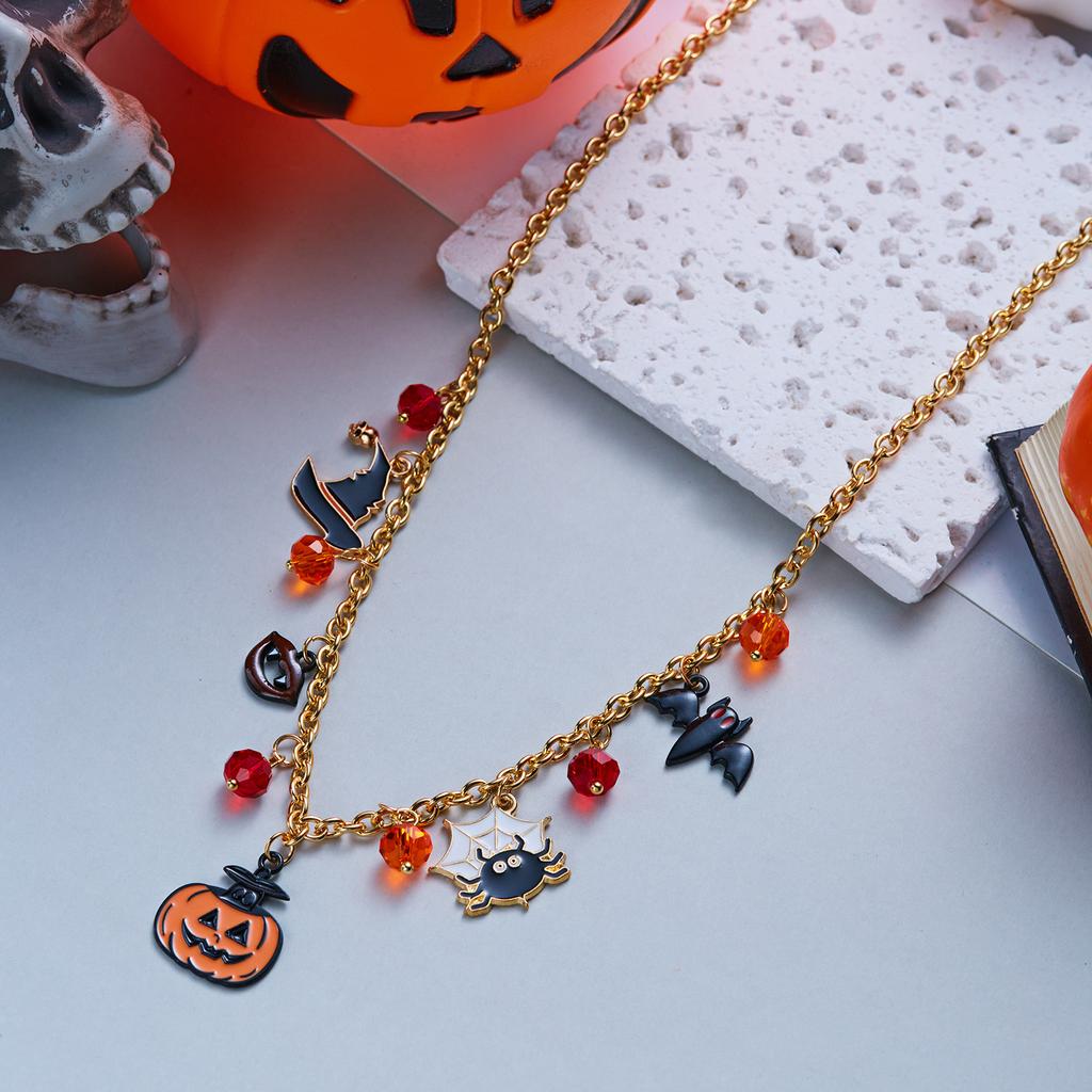 Halloween Retro Charm Necklace For Women Pumpkin Witch Hat Bat Spider Crystal Beads Pendant Choker Party Festival Jewelry Gift