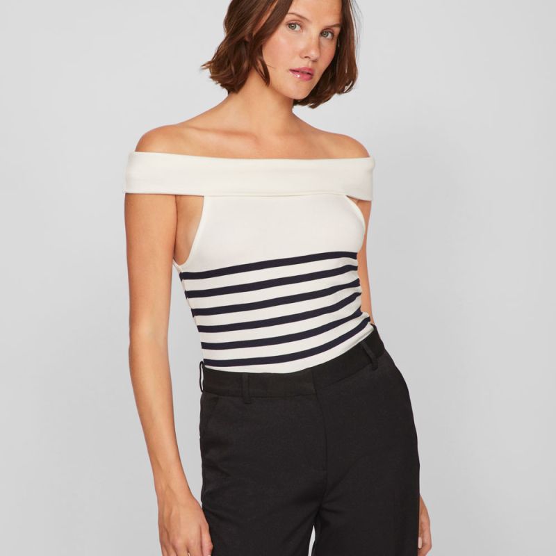 Top épaules dénudés marinière cloud dancer Femme VILA