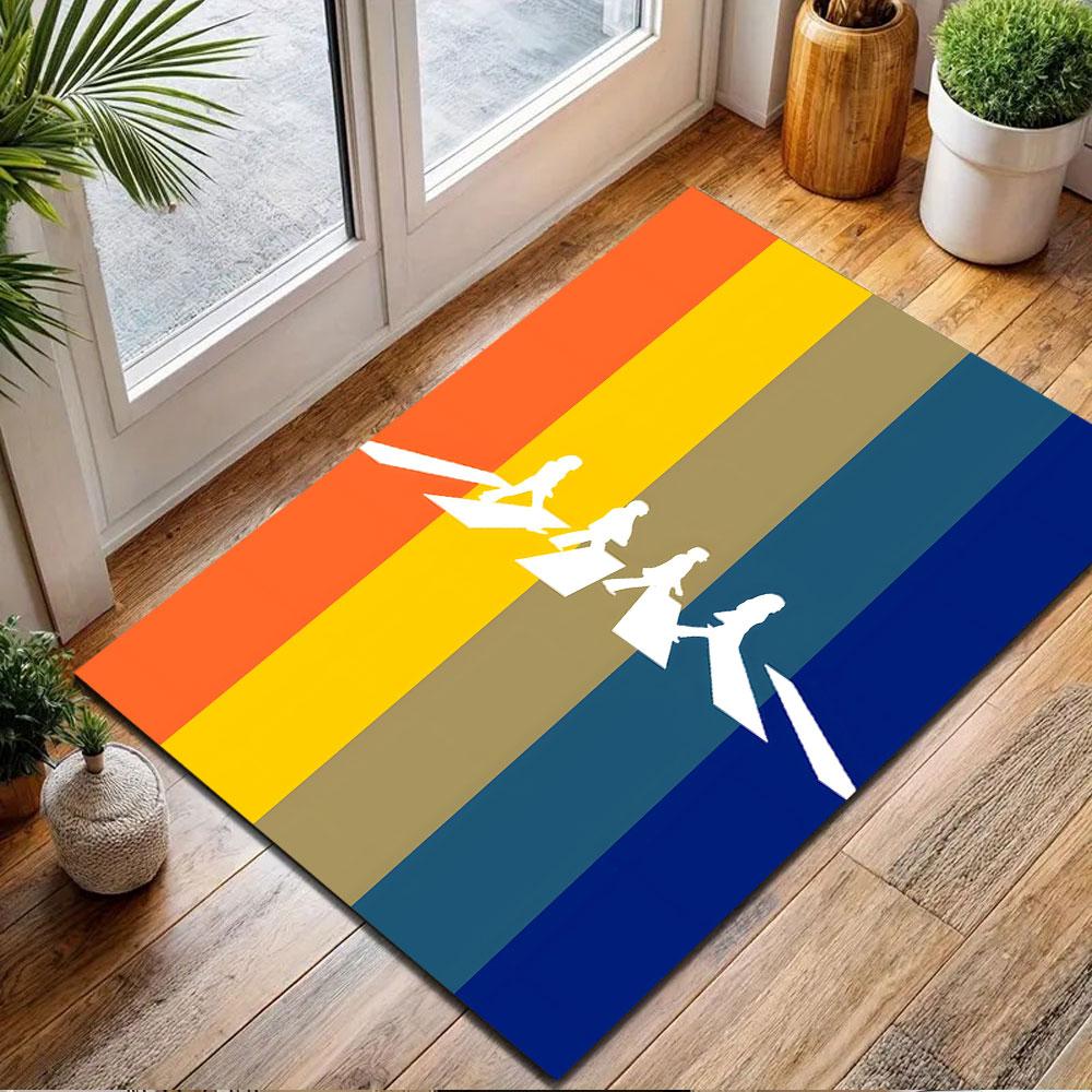 Crosswalk Silhouettes On Color Stripes Patterned Carpet, Non Slip Mat Suitable for Living Room and Bedroom Sofas