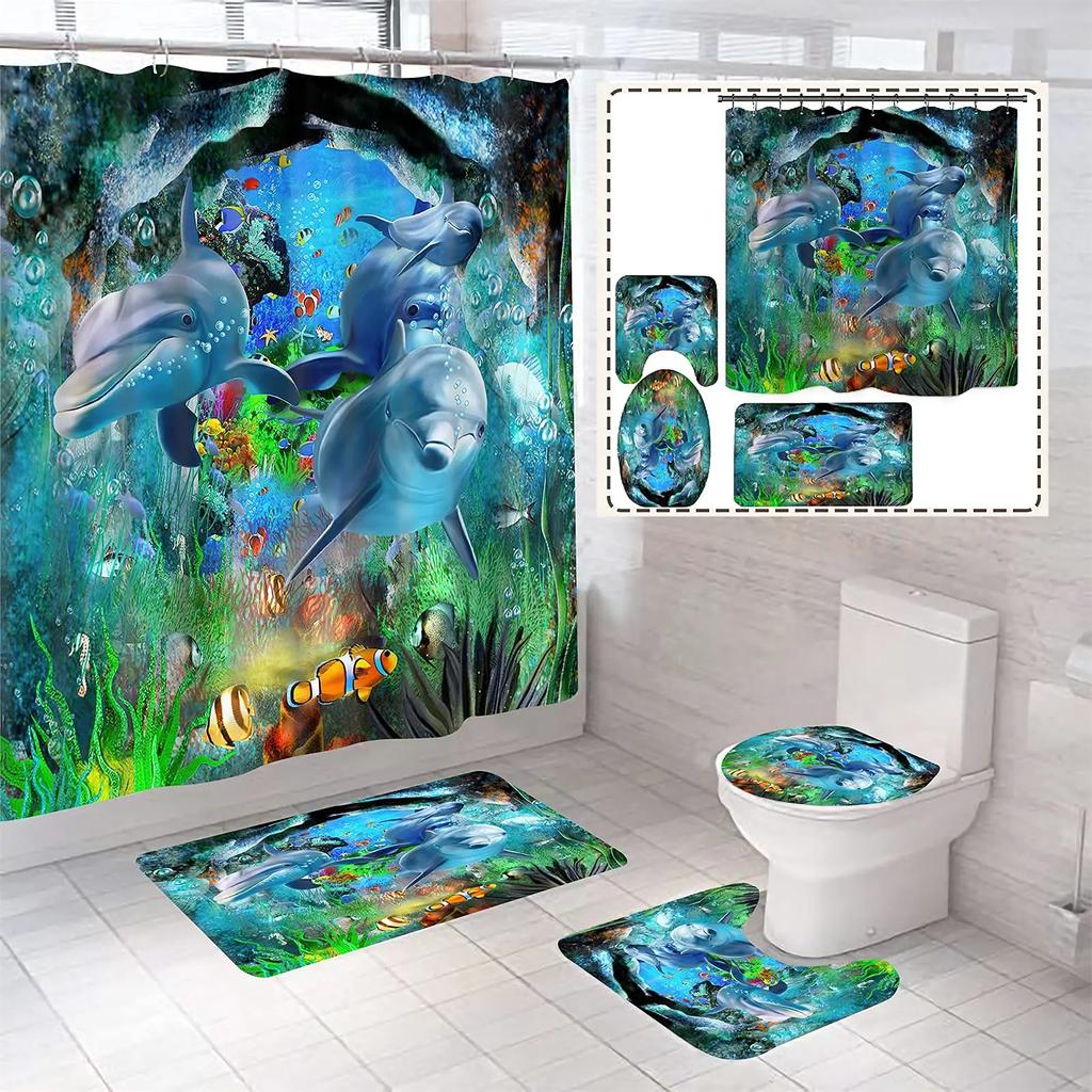 Deep Ocean Dolphin 3D Printing Waterproof Fabric Shower Curtain Set Bathroom Curtains Toilet Cover Mat Non Slip Rug Home Decor