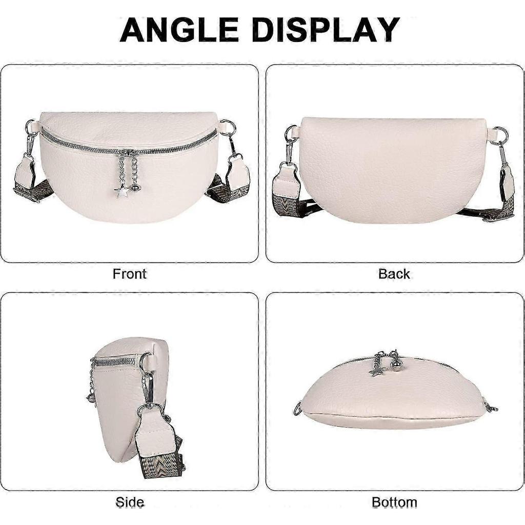 Fanny Packs for Women, Wide Strap Crossbody Bags, Leather Sling Belt Bag for Women, Trendy Waist Bags Waterproof for Party, Travel, Gift, White