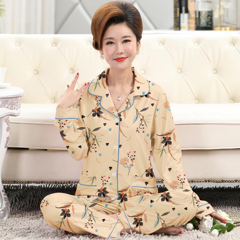 Frühlings- und Herbstpyjama Damen Imitationsbaumwolle langärmelig dünn hochwertig reiche Blume Mutter Loungewear-Set