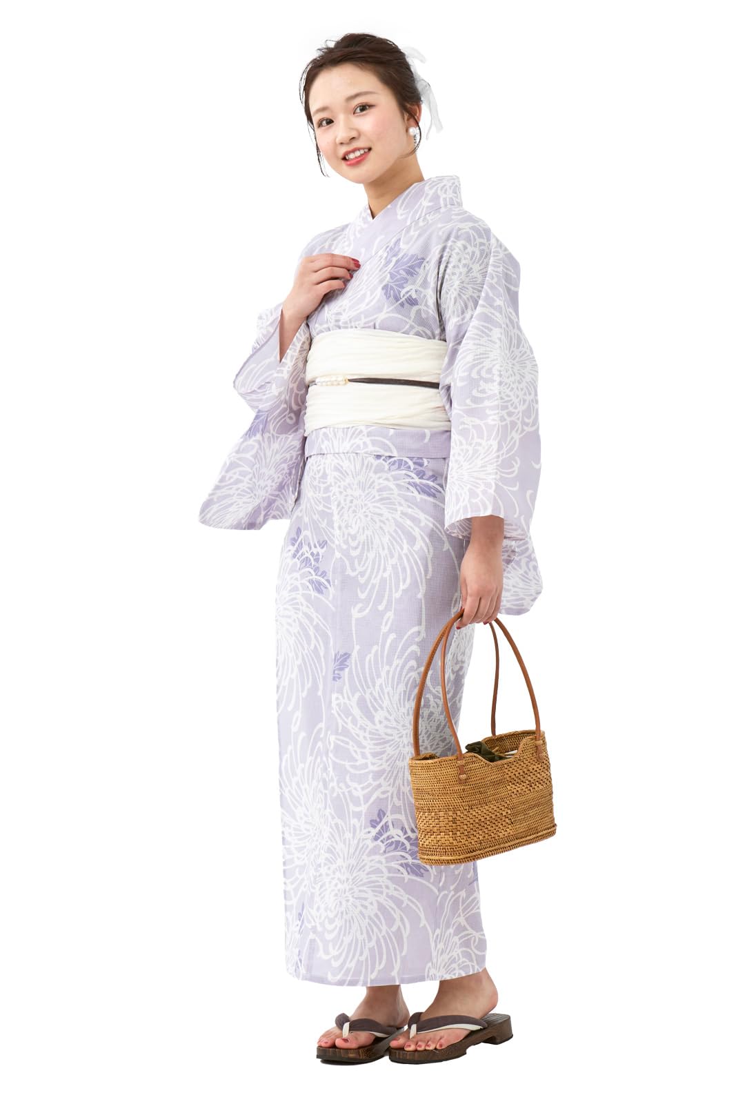 [Tayutafu] Two-piece Yukata 3-piece Set: Obi (sash), Geta (wooden sandals), Floral Pattern, Easy to Wear, Two-piece Separation (A: Chrysanthemum