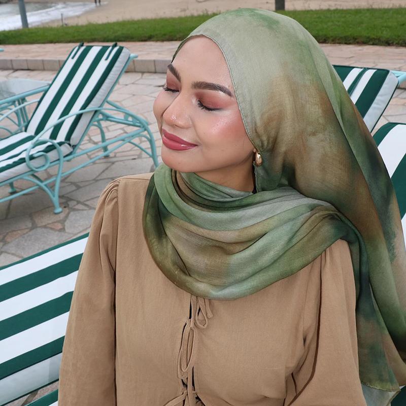 Farbverlauf Grün Aquarell Floral Bedruckt Modal Atmungsaktiv Leicht Gewicht Weiche Baumwolle Rayon Viskose Gewebt Modal Muslimische Frauen Schal