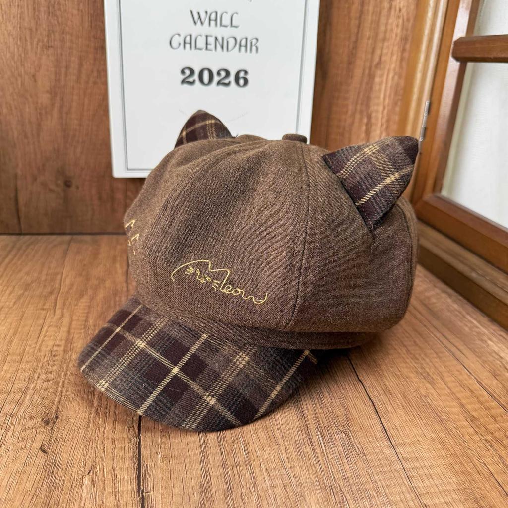 Sweet and Cool Girl Cat Ears Embroidered Octagonal Hat Newsboy Hat Plaid Splicing Brim Autumn and Winter Warm Beret Wholesale
