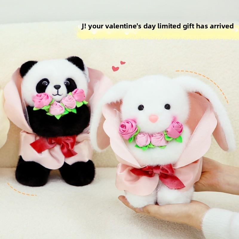 Themed Rose Floral Rabbit Stuffed Toy With Soft Short Fur For Romantic Gift