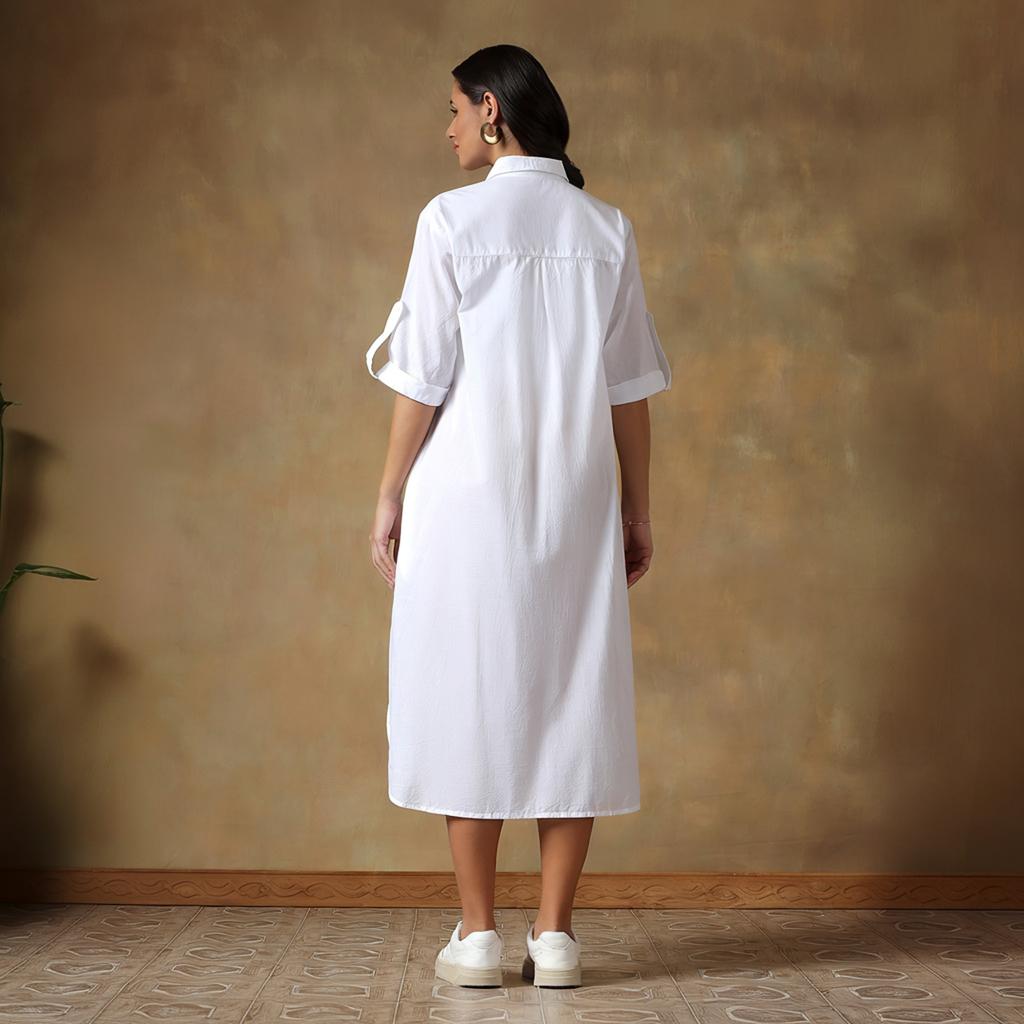 Abito Lungo Camicia Bianca in Cotone da Donna Estiva, Vestito Kurta Lungo Bottonato dalla Vestibilità Ampia e Rilassata per l'Uso Quotidiano, i Viaggi e l'Ufficio