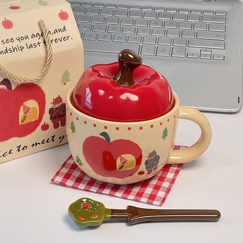 Cute Aesthetic Ceramic Mug with Lid and Spoon