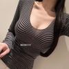 Korean Women's Custom Fall Winter Sexy V-Neck Tight Stripe Base Shirt T-Shirt
