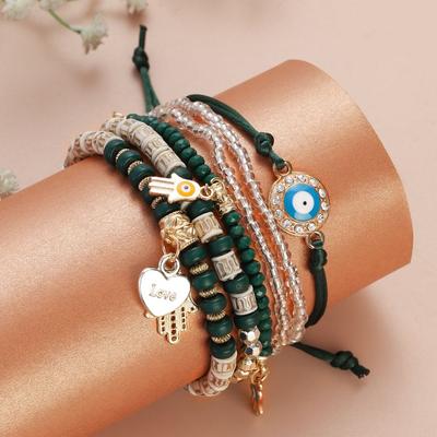 Boho Multilayer Beads Bracelet Set for Women Turkish Evil Eye Fatimid Hand Beaded Chain Bangle Girls Summer Party Zircon Gift
