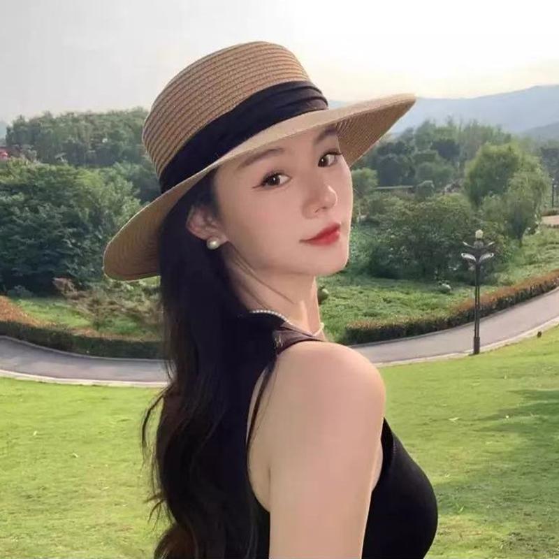 Fashion French Style Flat Top Straw Hat Beach Sun Hat Travel Vocation Women 2026 Summer Straw Hat