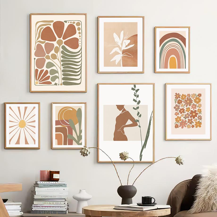 Boho Minimalistisch Sonne Regenbogen Blume Blätter Wandkunst Leinwandbild Abstrakt Nordische Poster Drucke Bilder Für Wohnzimmer Dekoration