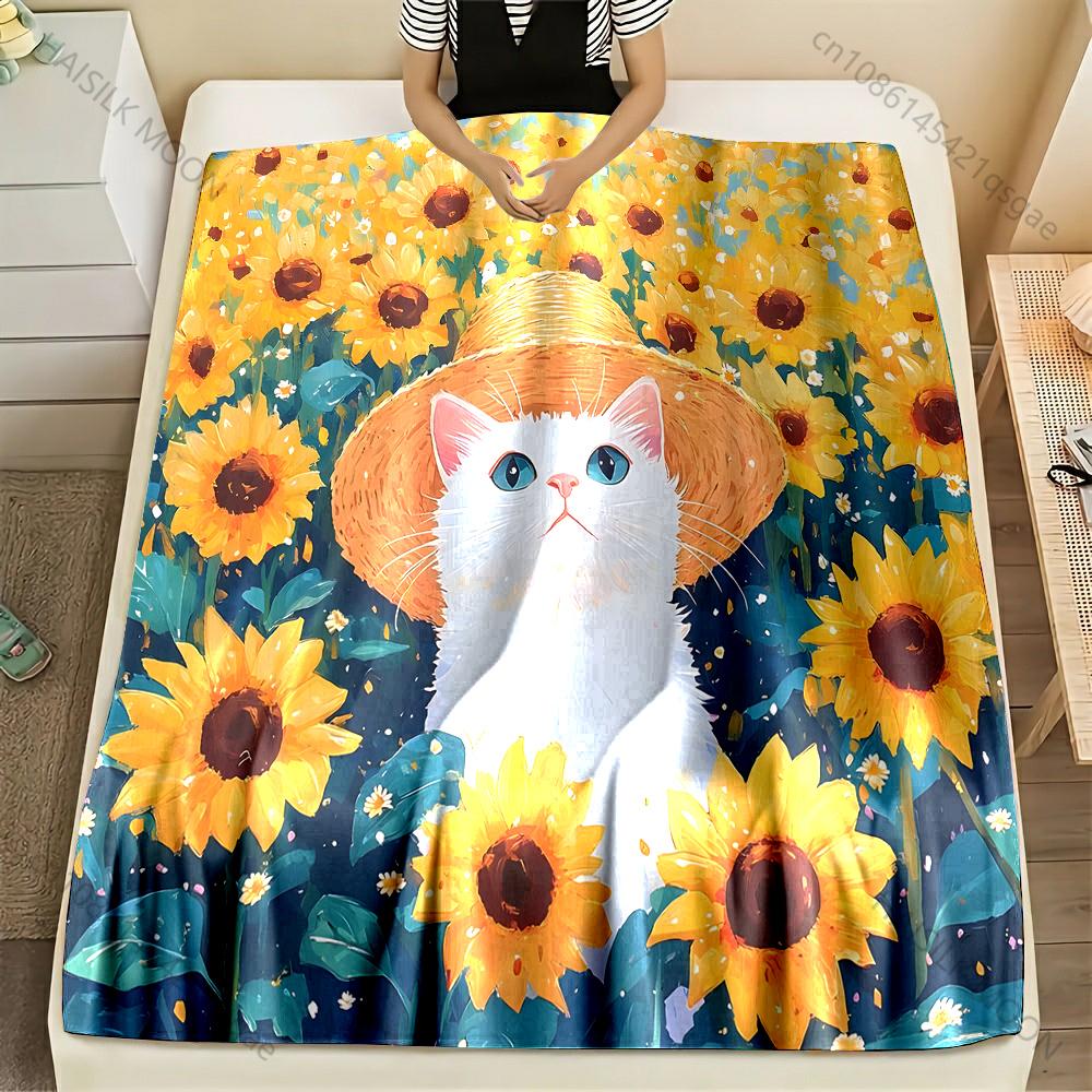 Sunflower Cat Theme Print Blanket Large Size Lightweight Super Soft Cozy Home Bed Sofa Office Tennis Court Available Great Gifts