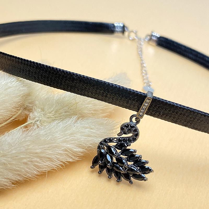 Korean Style S925 Silver Swan Necklace with Black Zircon, Leather Cord Choker, Christmas/Valentine s Gift