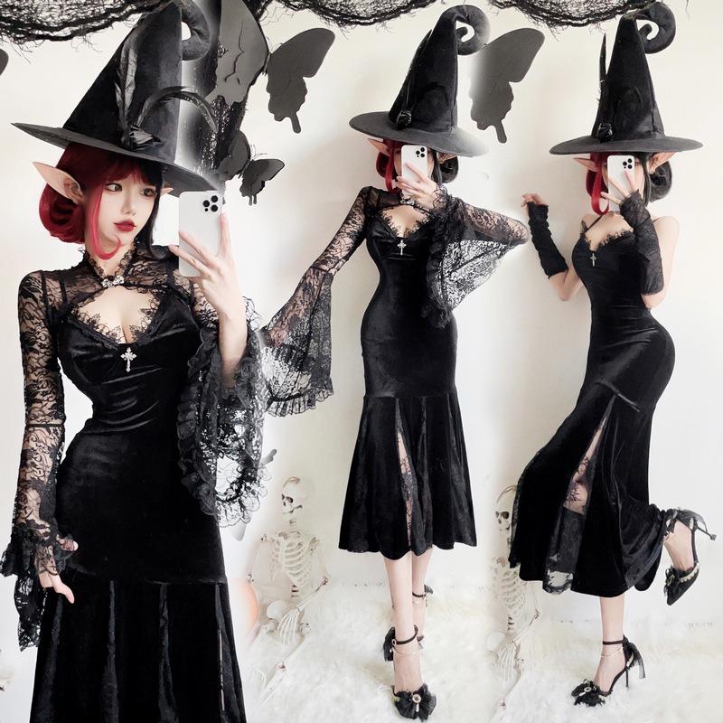 Dark goth halloween costume black dress long sexy witch costume